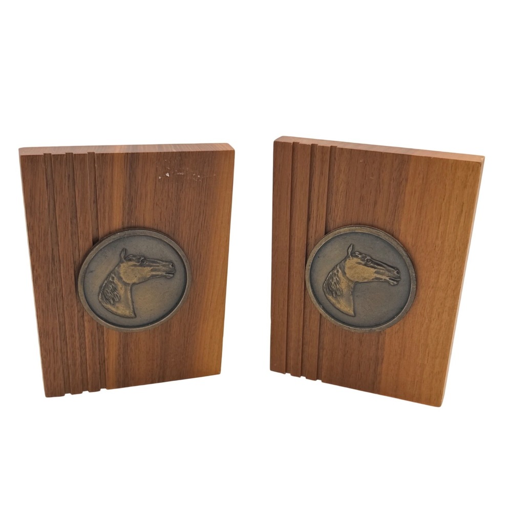 Vtg MCM Wood Horse Bookends Brass Medallion Equestrian Grooved Teak 5.5" Pair